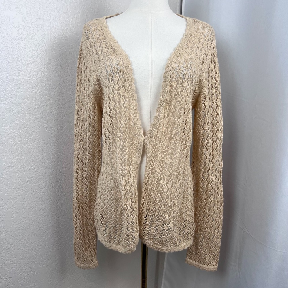 Y2K Open Knit Cardigan Womens Large Beige Metallic Boho Cottagecore Resort Beach
